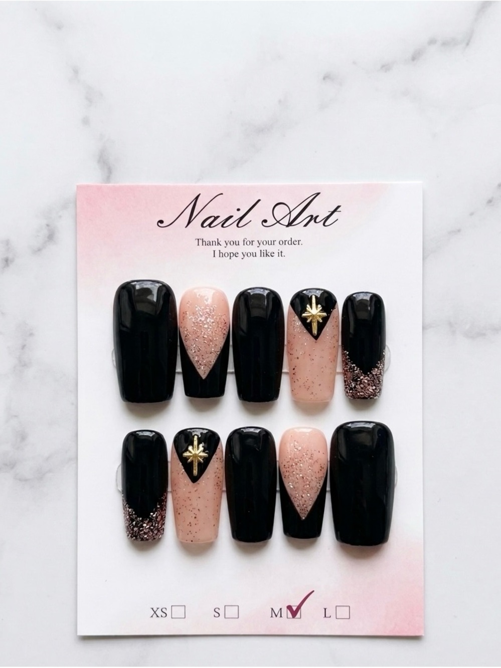 Nail Art Press-On Set — Black & Nude Glitter Accent